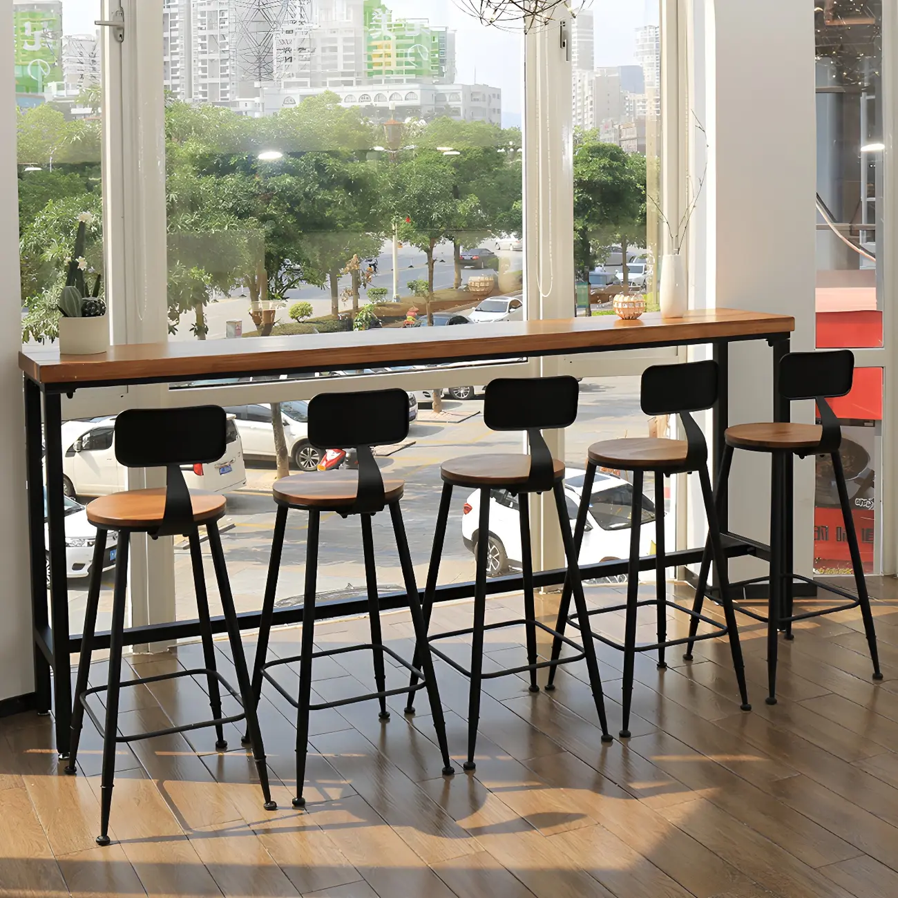 Elegant Rectangular Pine Wood Brown 5- Seat Bar Set Image - 1 | homeyfad