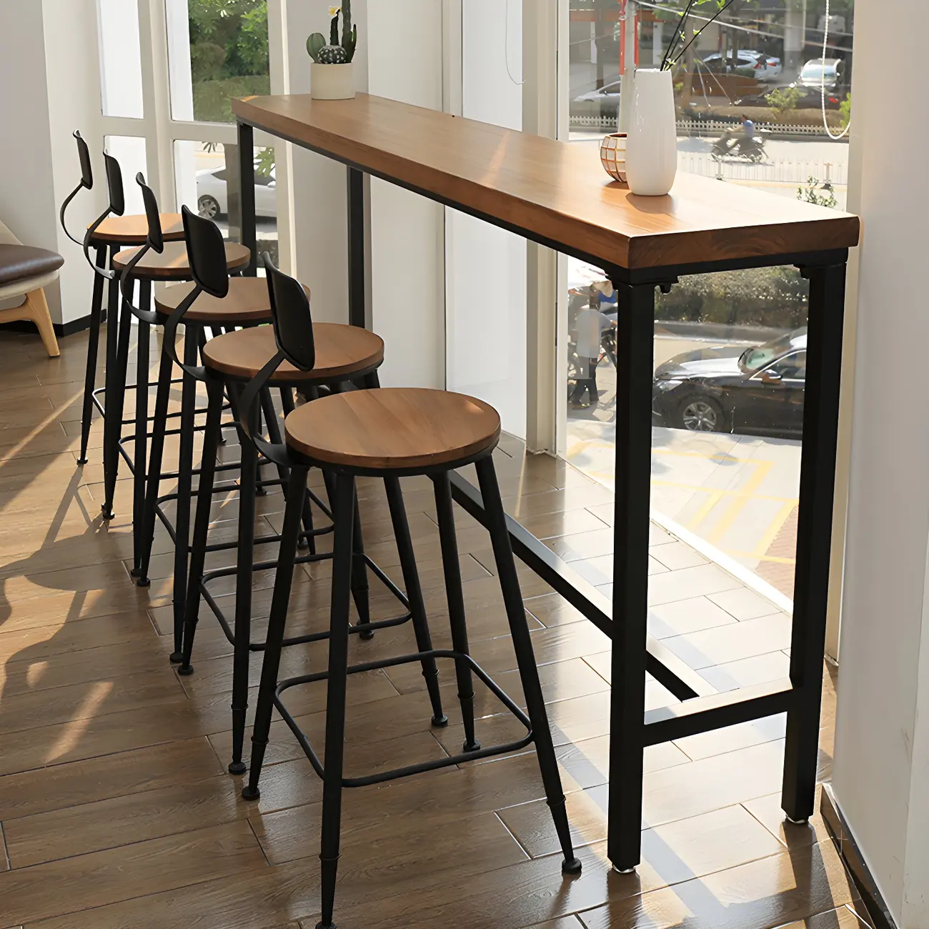 Elegant Rectangular Pine Wood Brown 5- Seat Bar Set Image - 2 | homeyfad