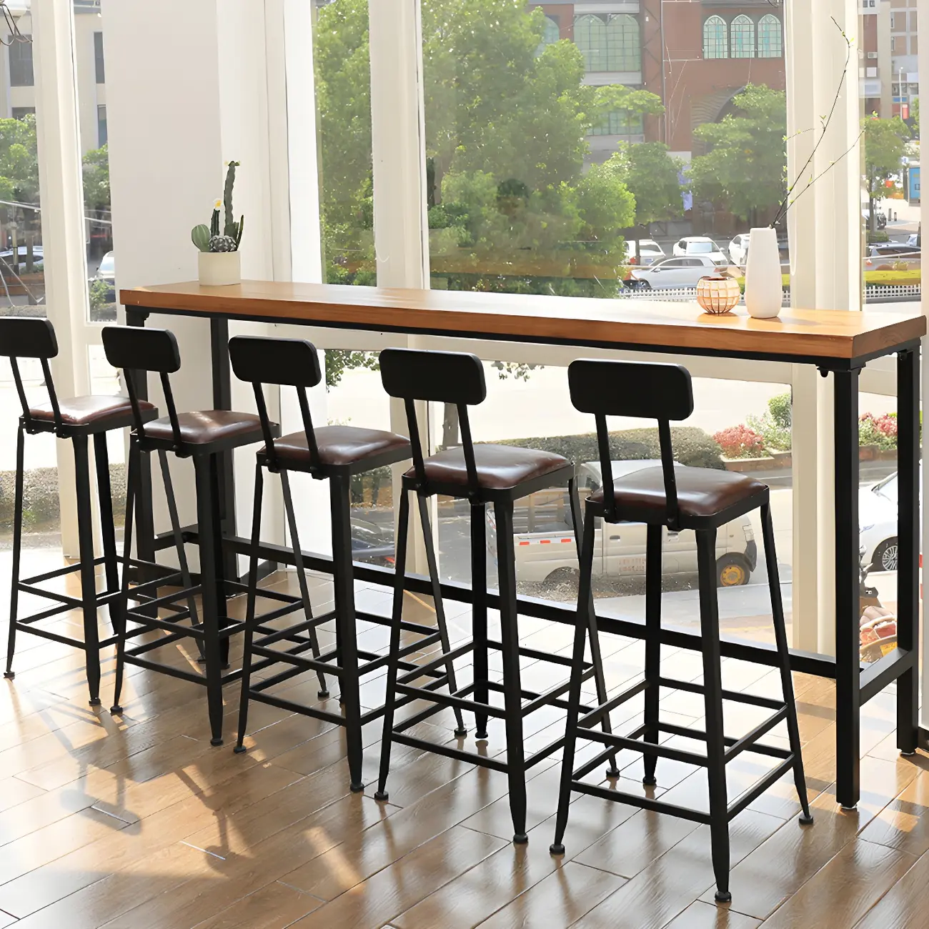 Elegant Rectangular Pine Wood Brown 5- Seat Bar Set Image - 8 | homeyfad