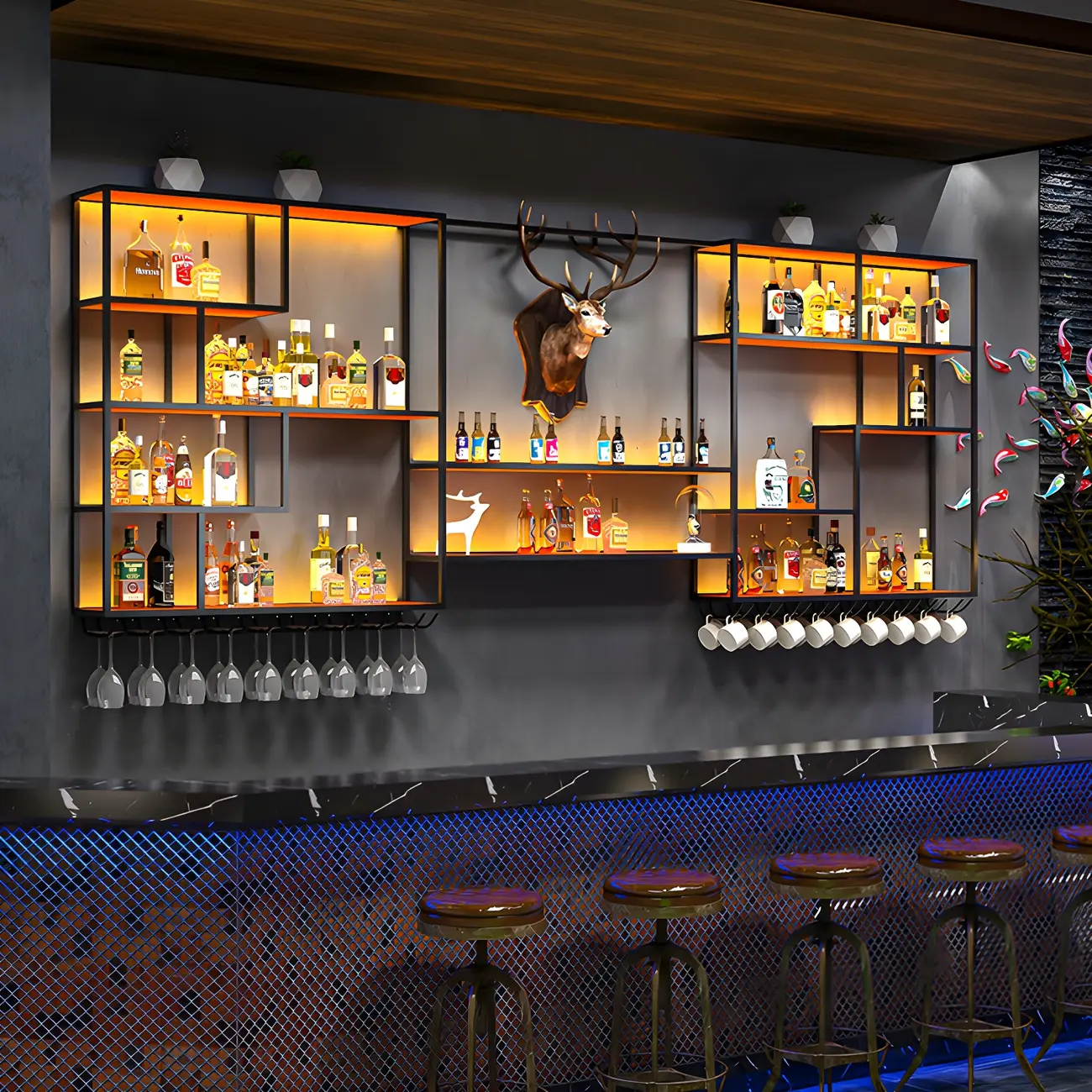 Black Metal Wall-Mounted Wine Rack with Stemware Holder Image - 1 | homeyfad