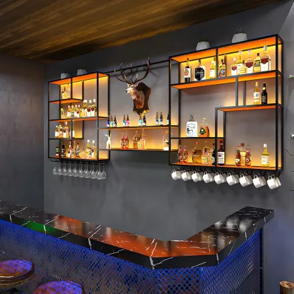 Black Metal Wall-Mounted Wine Rack with Stemware Holder Image - 2