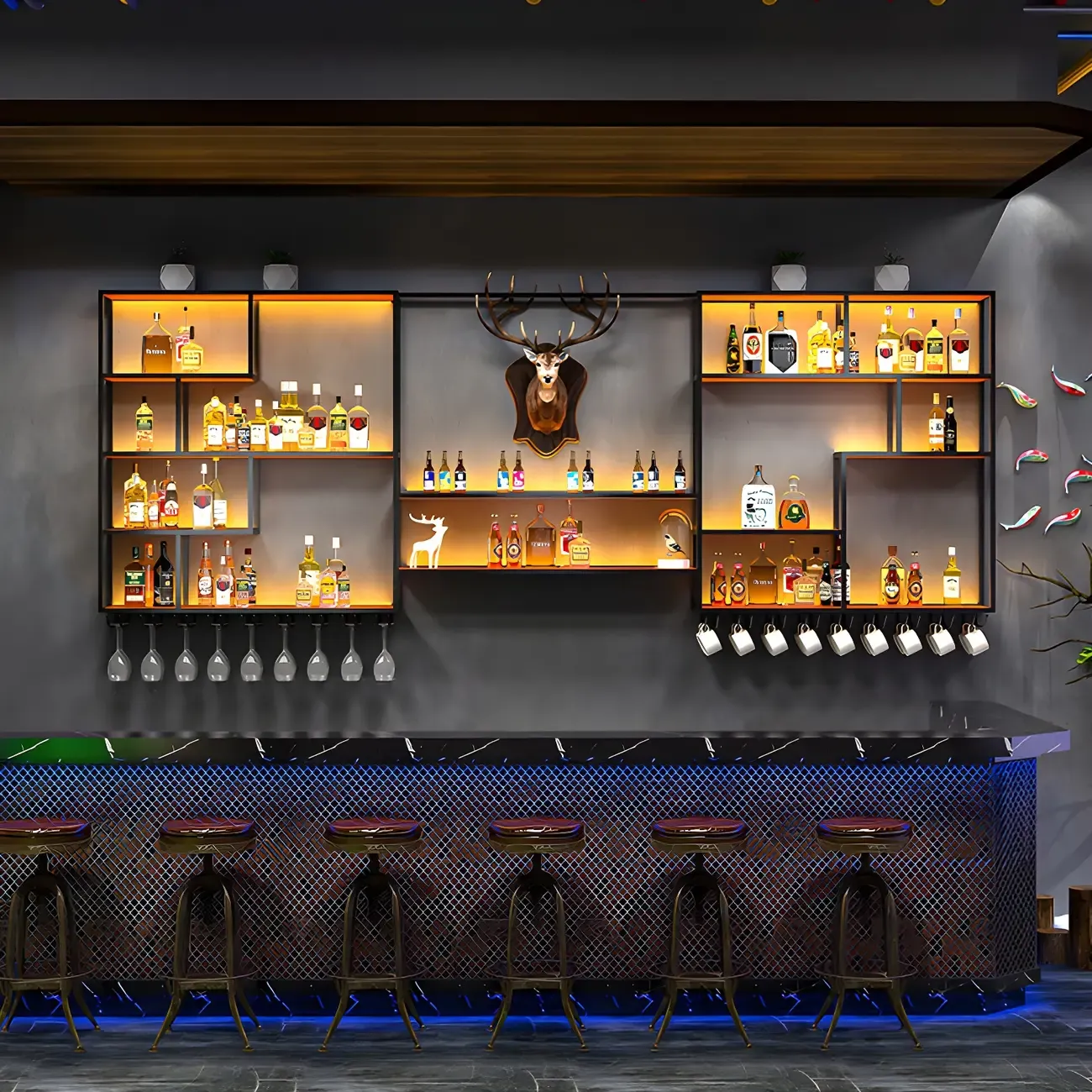 Black Metal Wall-Mounted Wine Rack with Stemware Holder Image - 6