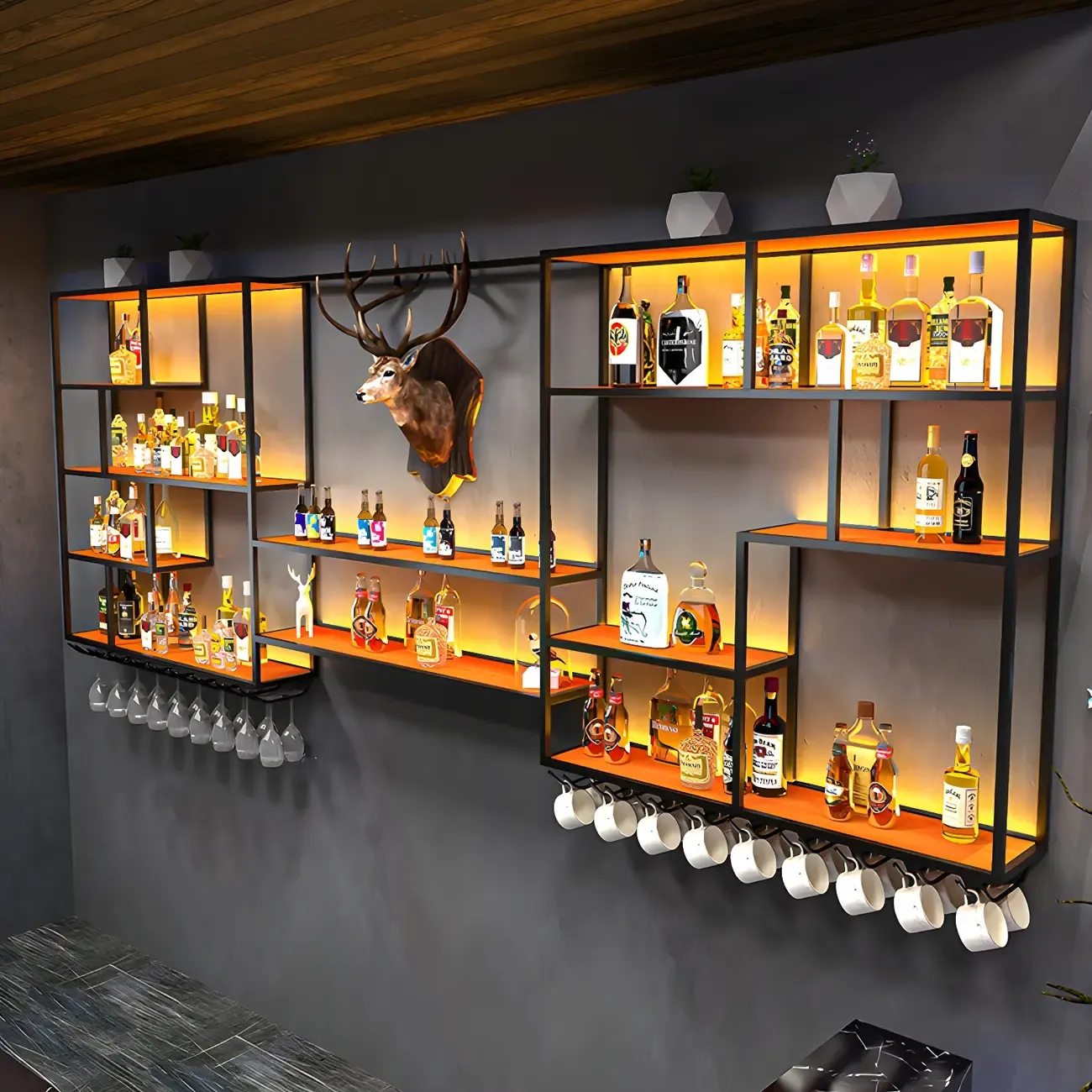 Black Metal Wall-Mounted Wine Rack with Stemware Holder Image - 7