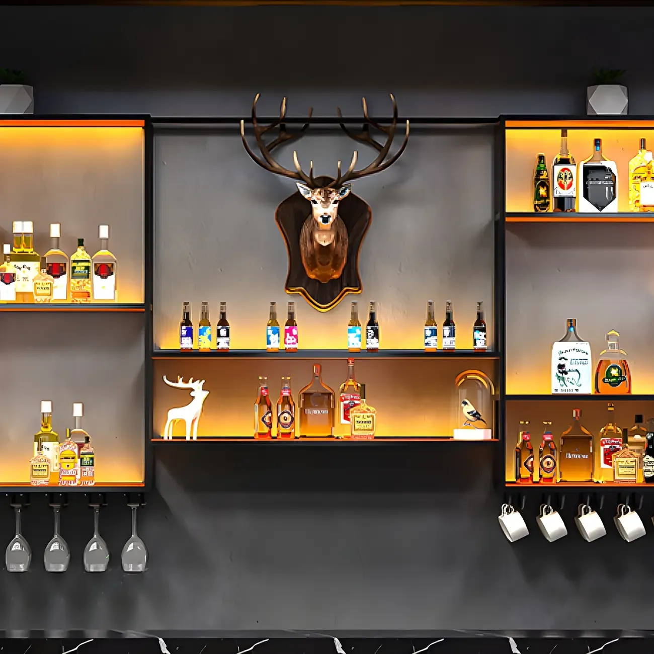 Black Metal Wall-Mounted Wine Rack with Stemware Holder Image - 10