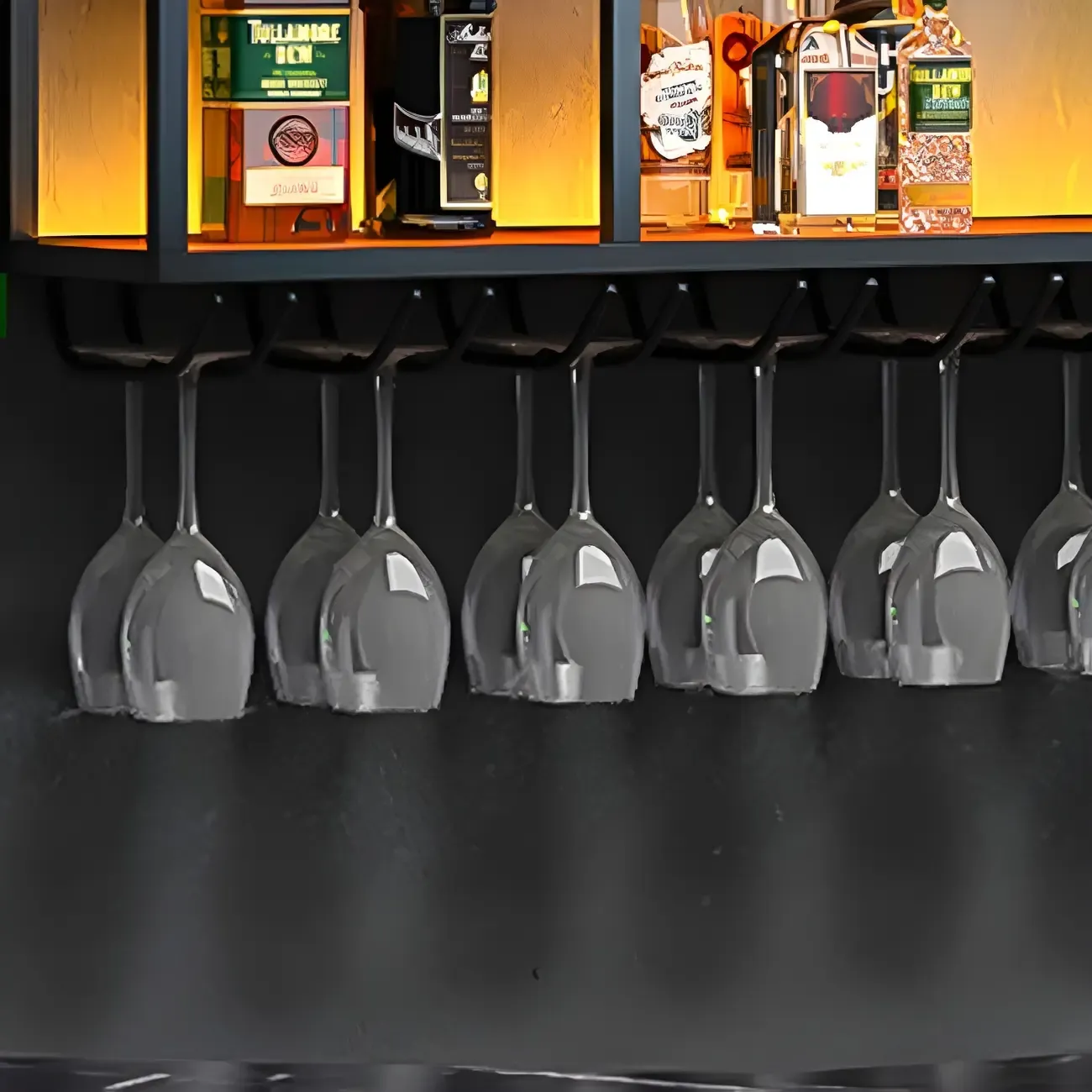 Black Metal Wall-Mounted Wine Rack with Stemware Holder Image - 12