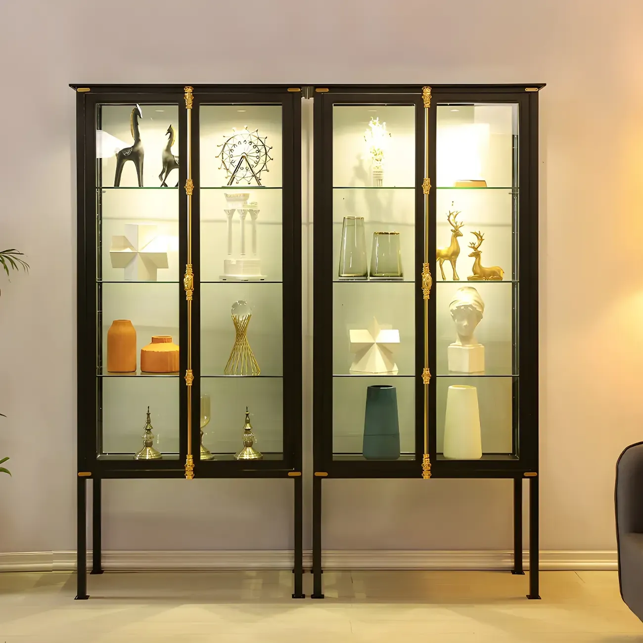 Vintage Metal Glass Display Curio Cabinet with Lighting Image - 2