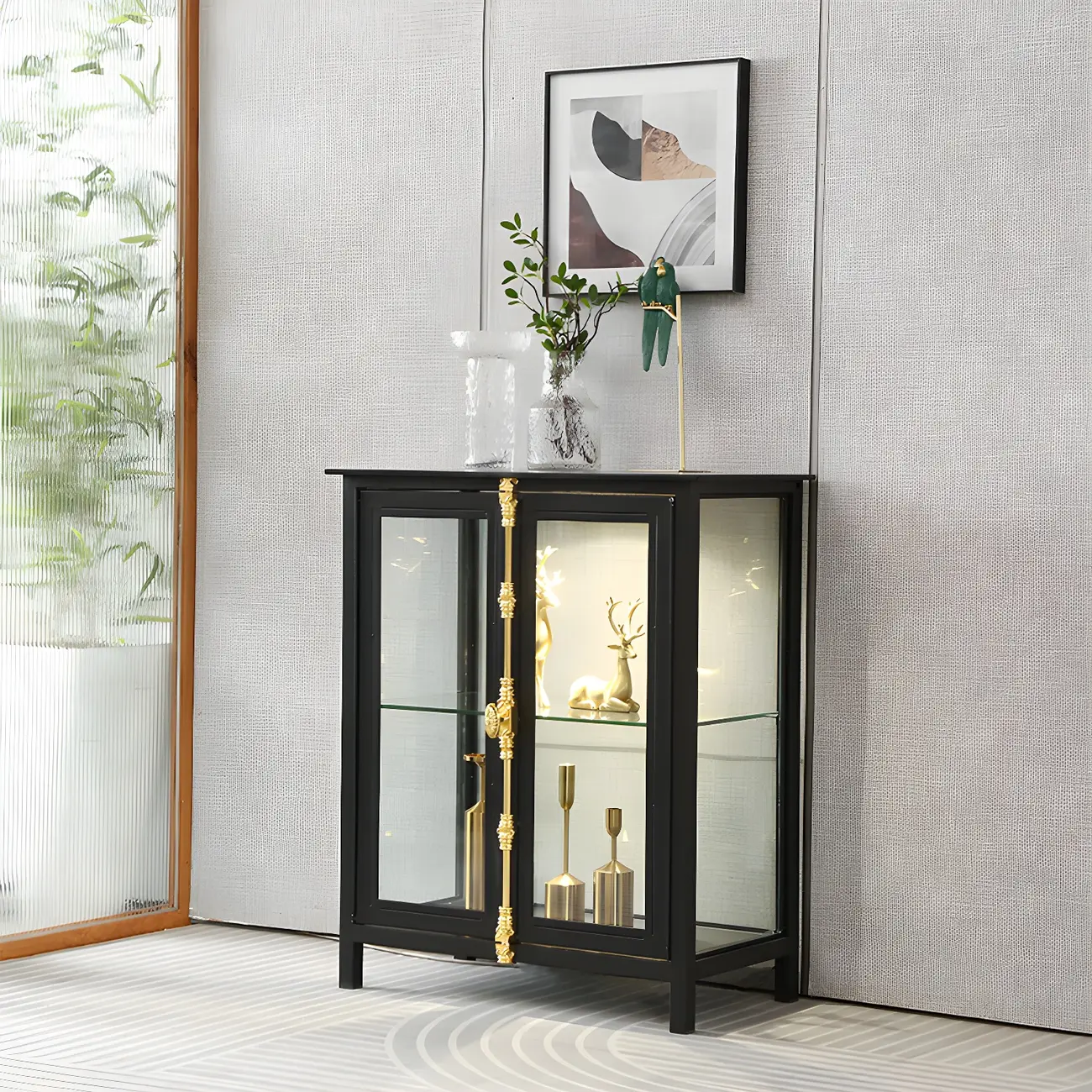 Vintage Metal Glass Display Curio Cabinet with Lighting Image - 3 | homeyfad