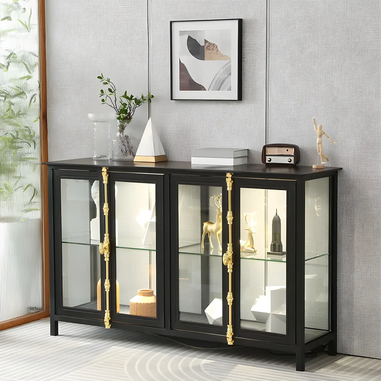 Vintage Metal Glass Display Curio Cabinet with Lighting Image - 1