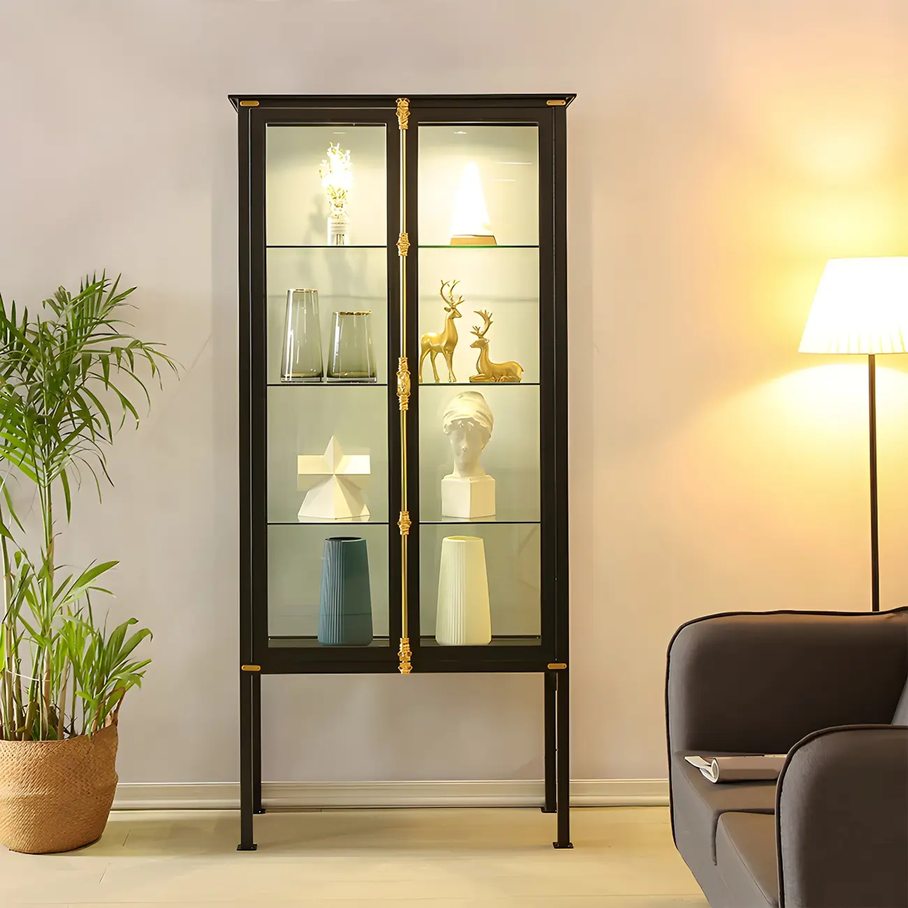 Vintage Metal Glass Display Curio Cabinet with Lighting Image - 6 | homeyfad