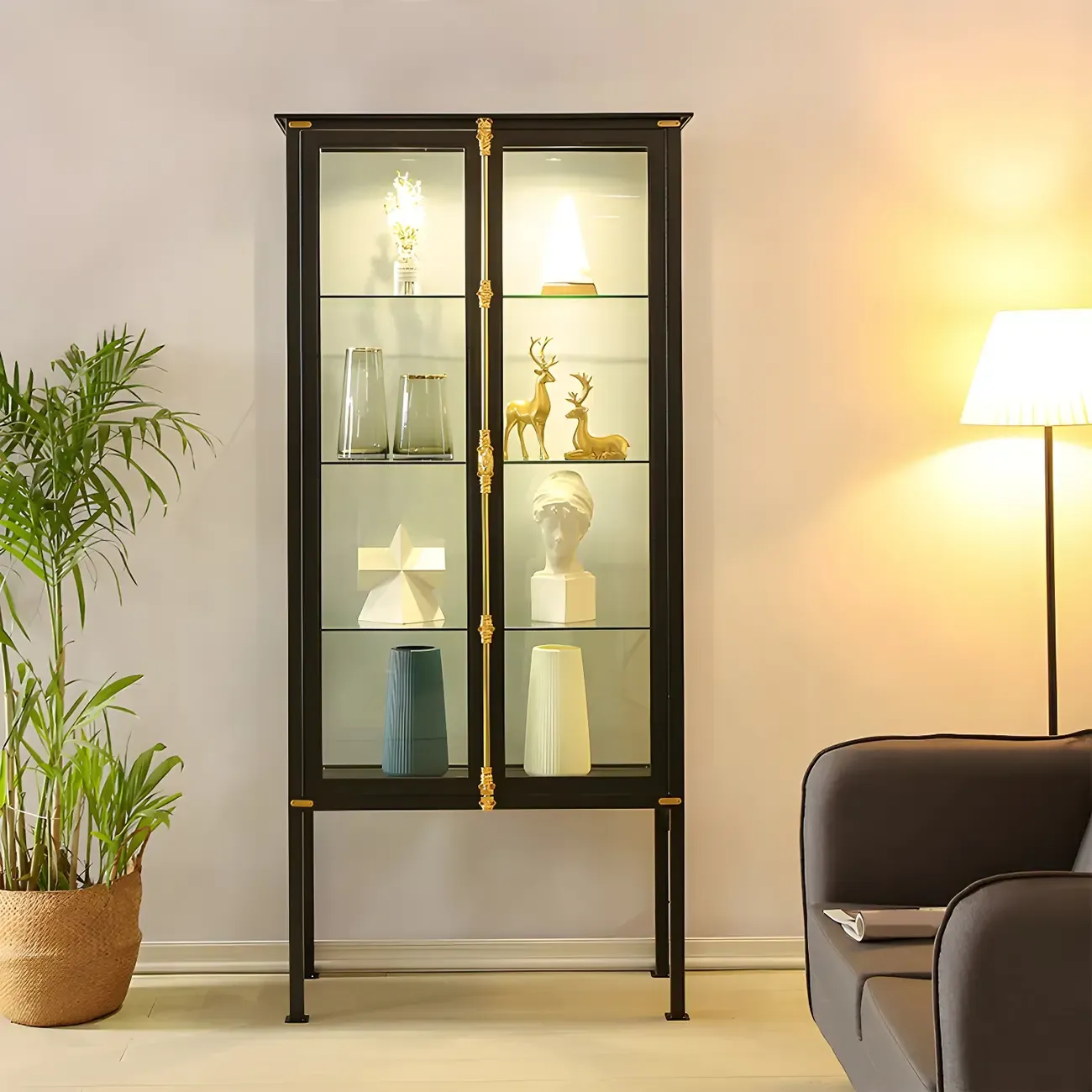 Vintage Metal Glass Display Curio Cabinet with Lighting Image - 6