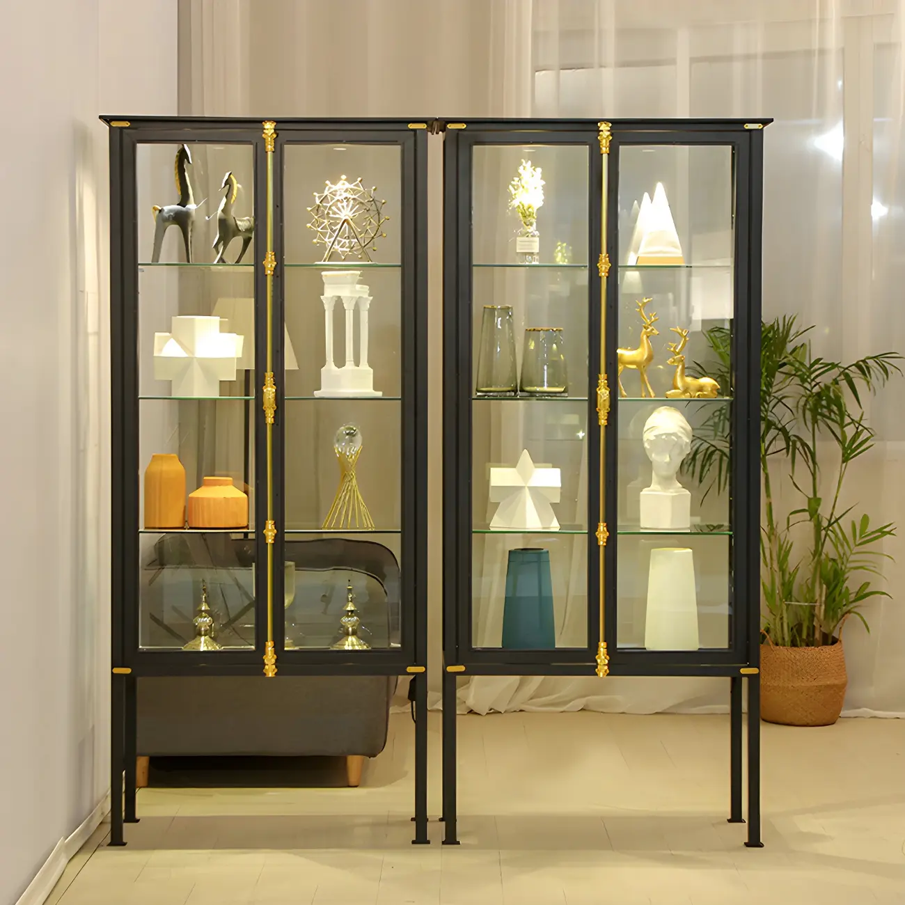 Vintage Metal Glass Display Curio Cabinet with Lighting Image - 14 | homeyfad
