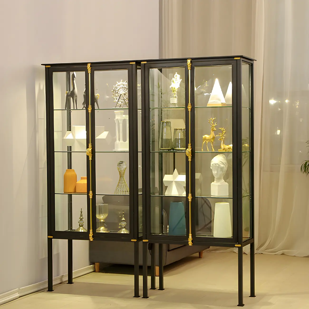 Vintage Metal Glass Display Curio Cabinet with Lighting Image - 16 | homeyfad