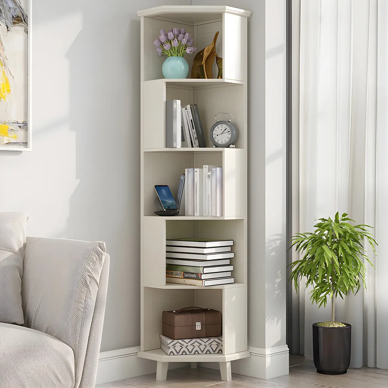 Simple 5-Tier Wood Corner Bookcase in White/Walnut Image - 1 | homeyfad