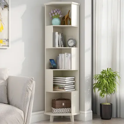 Simple 5-Tier Wood Corner Bookcase in White/Walnut Image - 1