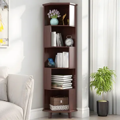 Simple 5-Tier Wood Corner Bookcase in White/Walnut Image - 2
