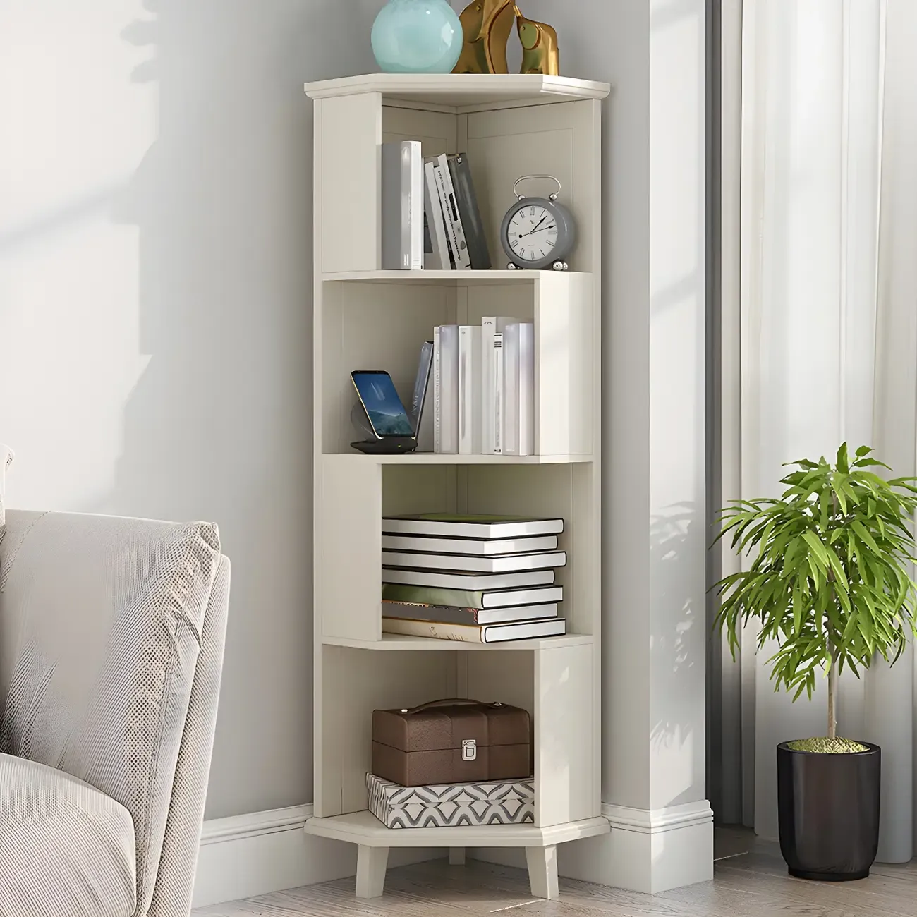 Simple 5-Tier Wood Corner Bookcase in White/Walnut Image - 3