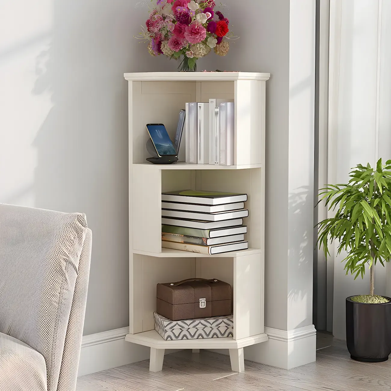 Simple 5-Tier Wood Corner Bookcase in White/Walnut Image - 4