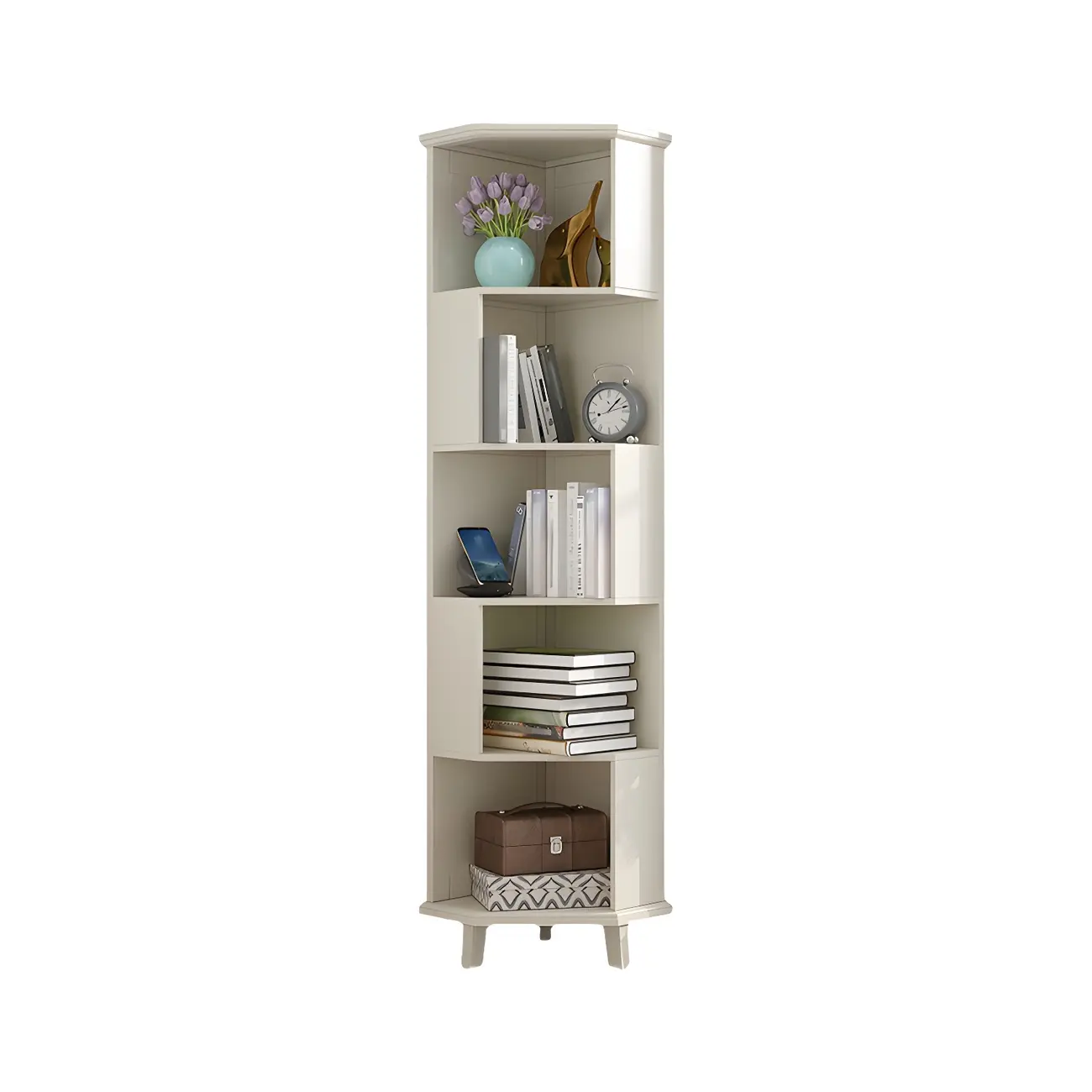 Simple 5-Tier Wood Corner Bookcase in White/Walnut Image - 5 | homeyfad