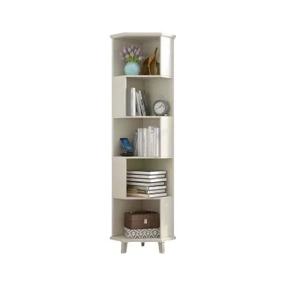 Simple 5-Tier Wood Corner Bookcase in White/Walnut Image - 5