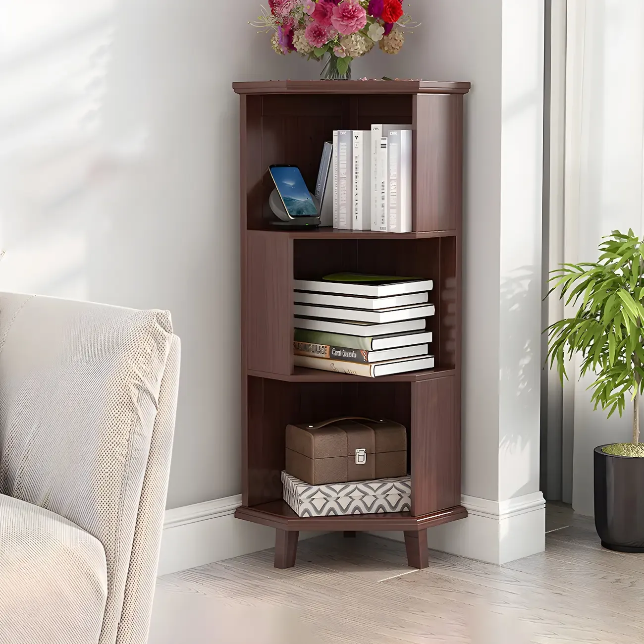 Simple 5-Tier Wood Corner Bookcase in White/Walnut Image - 9