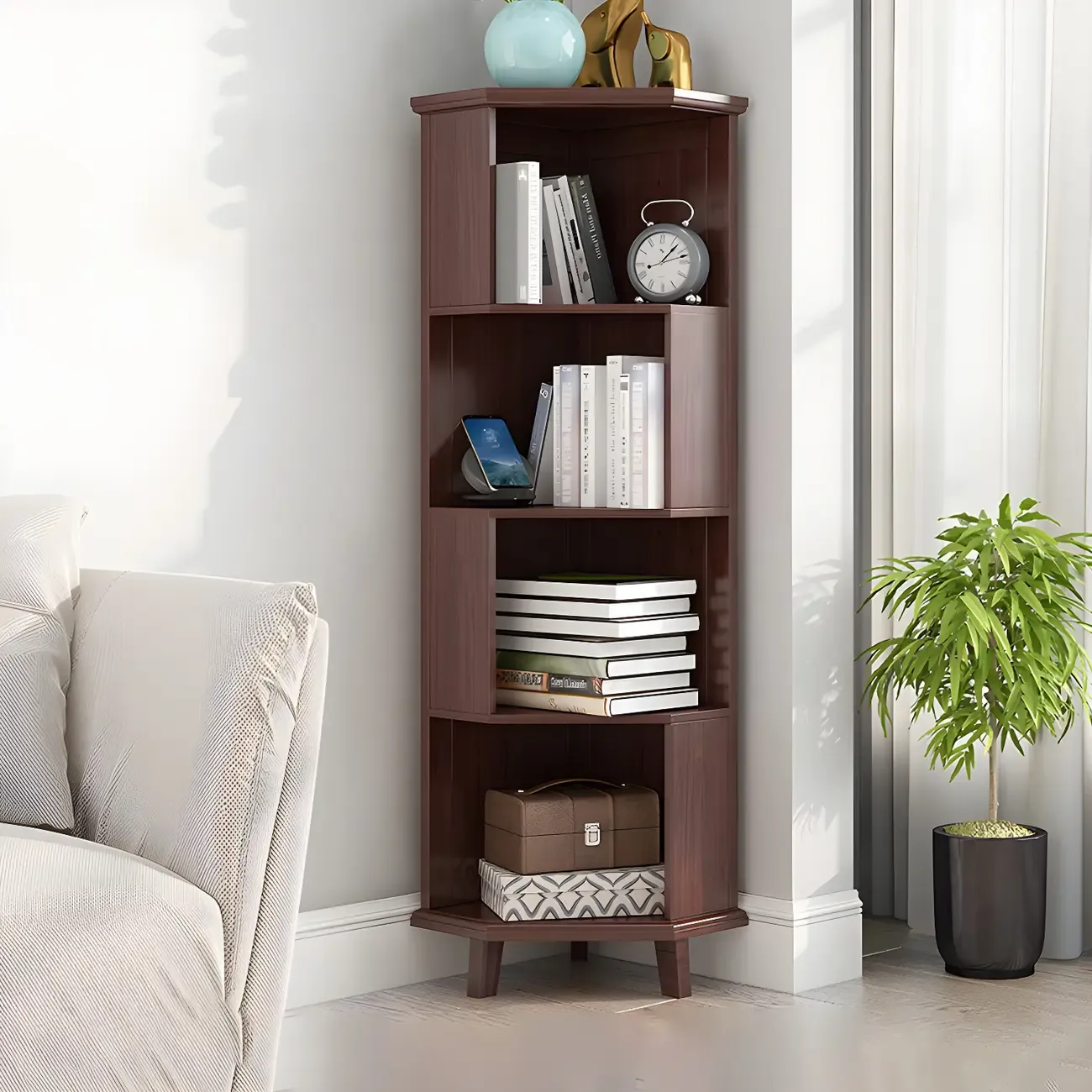 Simple 5-Tier Wood Corner Bookcase in White/Walnut Image - 10