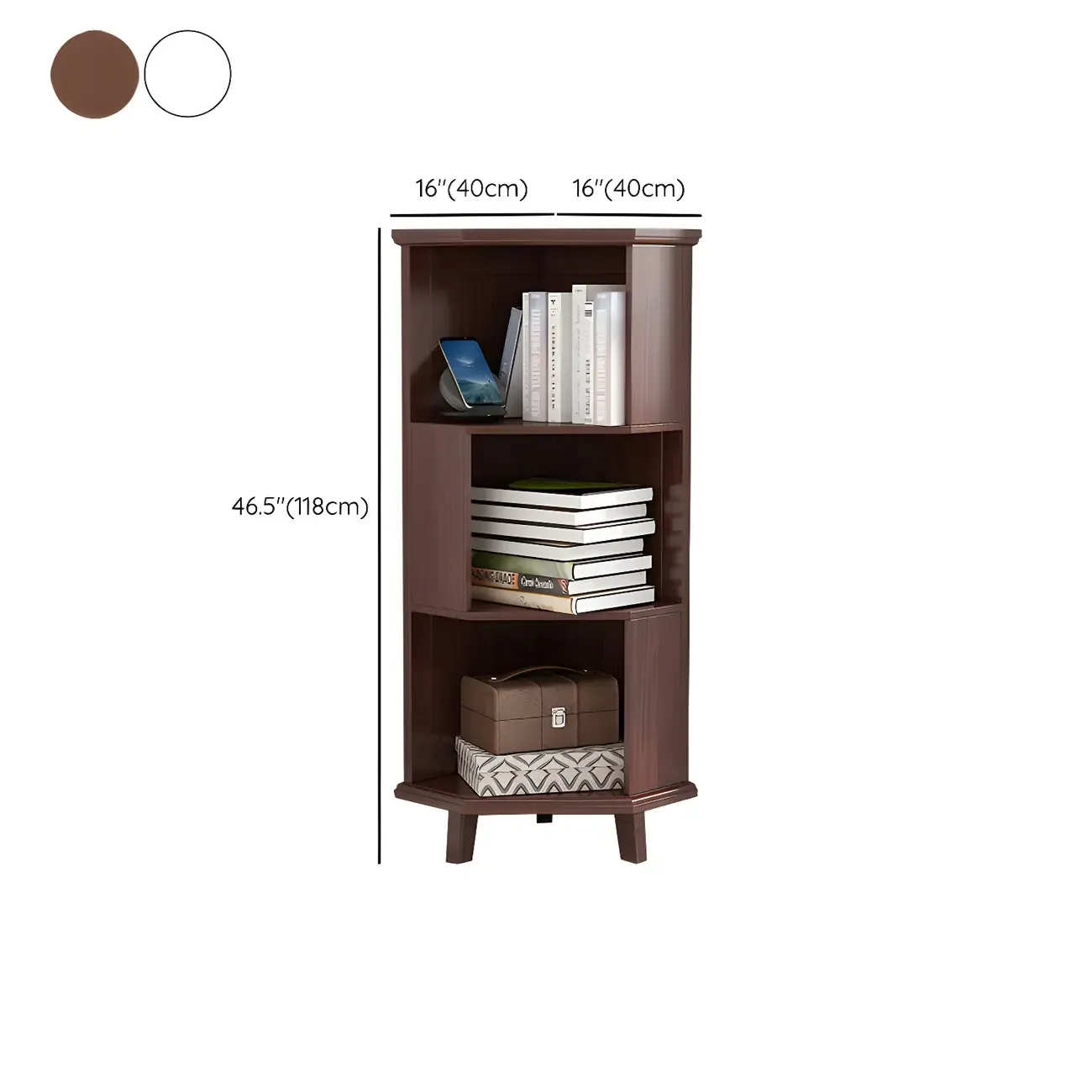 Simple 5-Tier Wood Corner Bookcase in White/Walnut #size