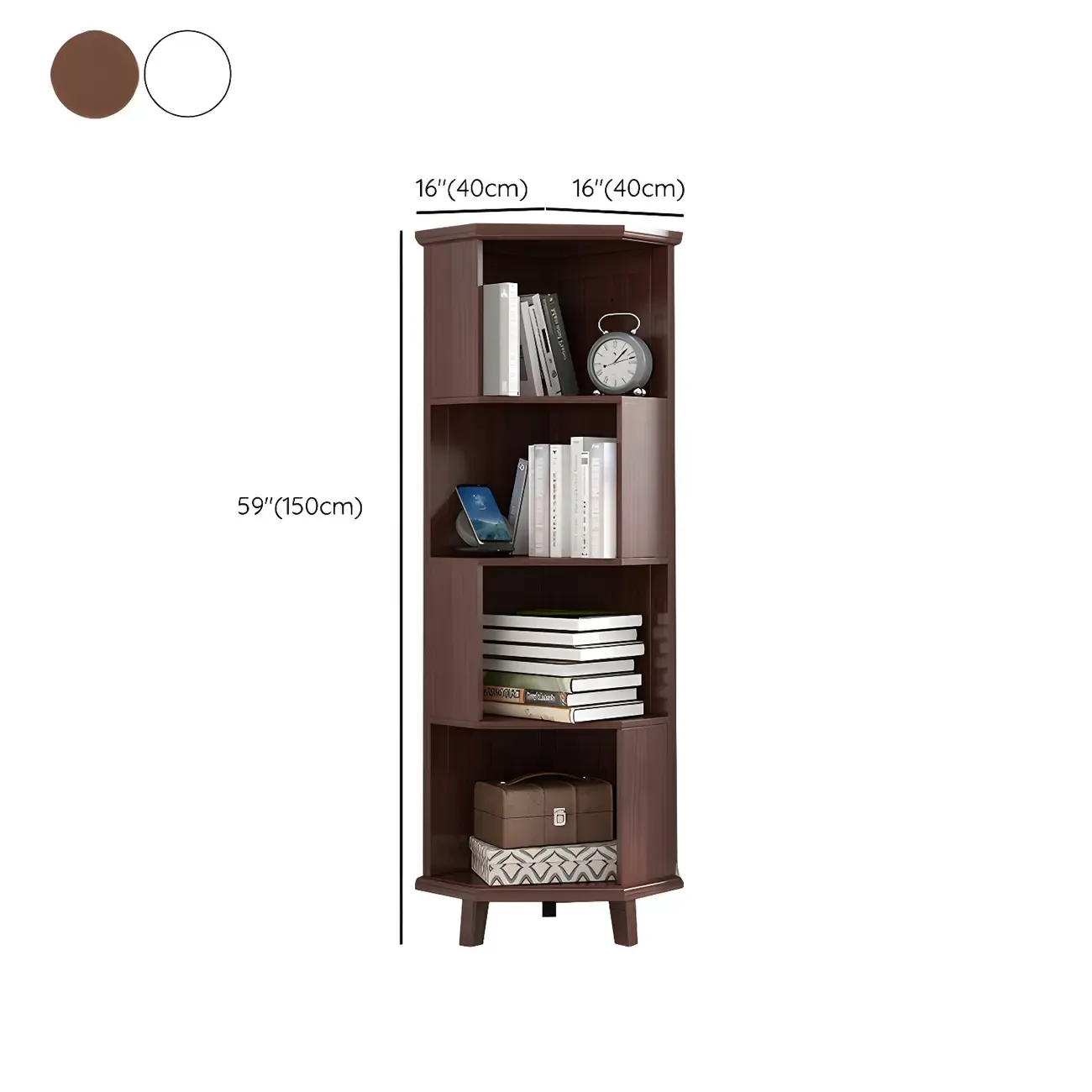 Simple 5-Tier Wood Corner Bookcase in White/Walnut Image - 12