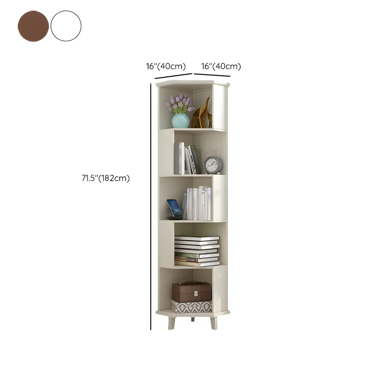 Simple 5-Tier Wood Corner Bookcase in White/Walnut Image - 13