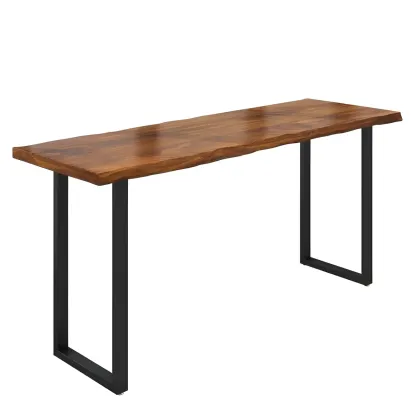 Pine Wood Rectangular Metal Base Bar Table Brown Image - 2