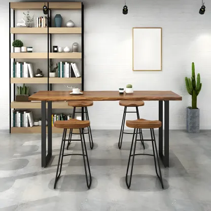 Pine Wood Rectangular Metal Base Bar Table Brown Image - 5