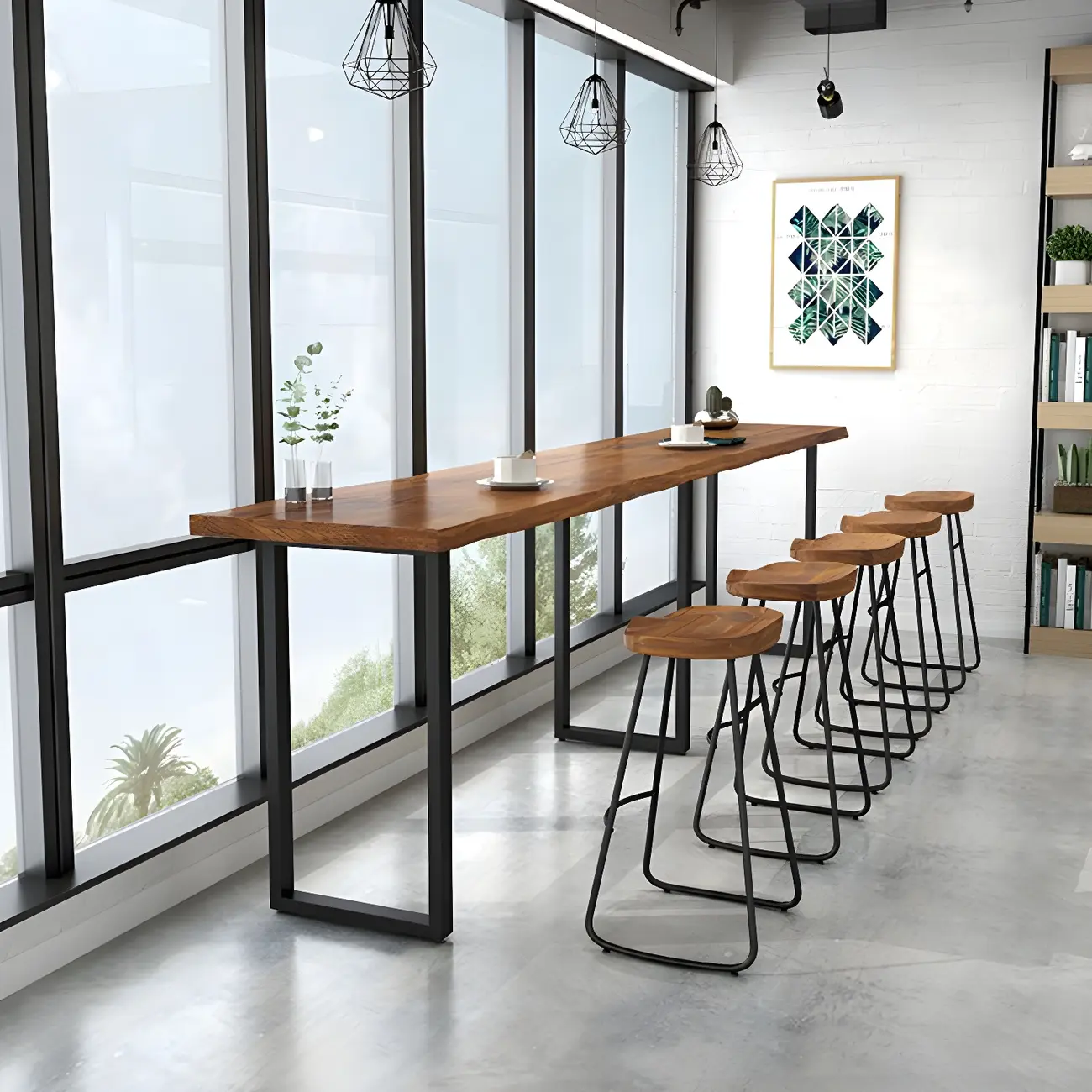 Pine Wood Rectangular Metal Base Bar Table Brown Image - 6 | homeyfad