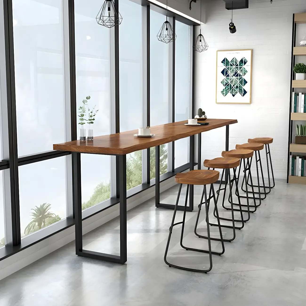 Pine Wood Rectangular Metal Base Bar Table Brown Image - 6