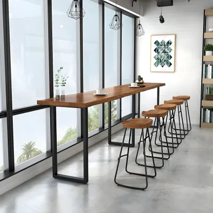 Pine Wood Rectangular Metal Base Bar Table Brown Image - 6