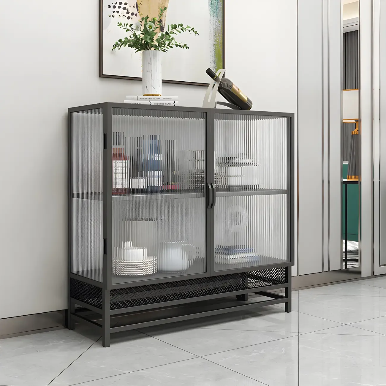 Modern Metal Display Cabinet with Glass Doors for Living Room Image - 2