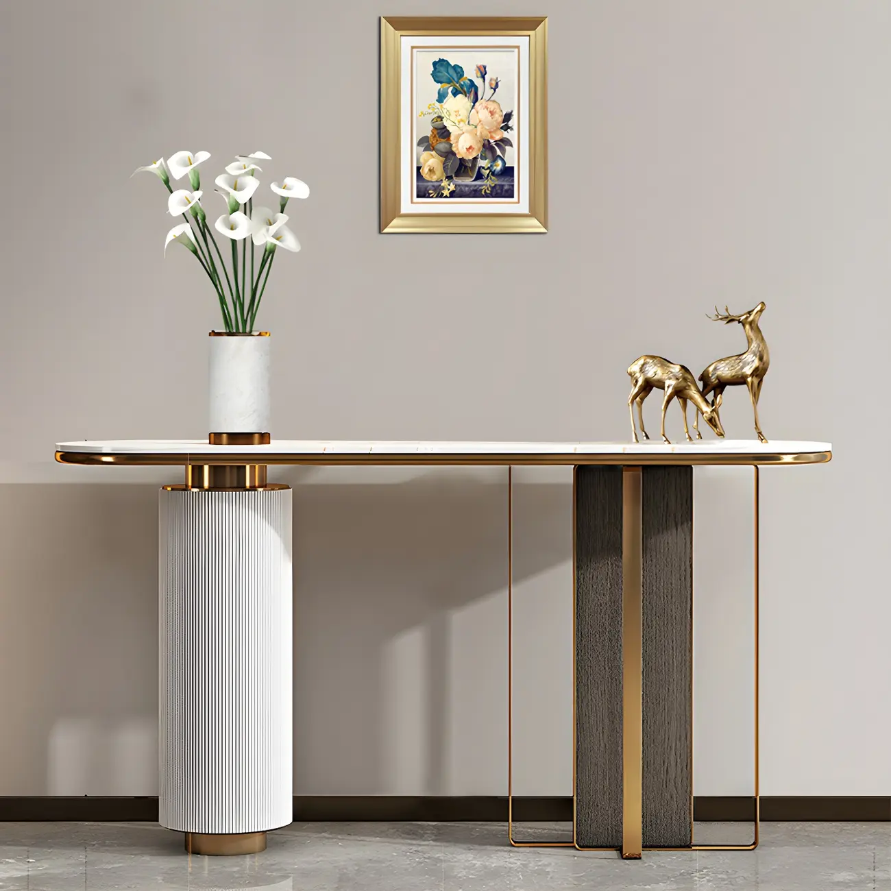 White Oval Stone Console Table with Metal Base Image - 1 | homeyfad