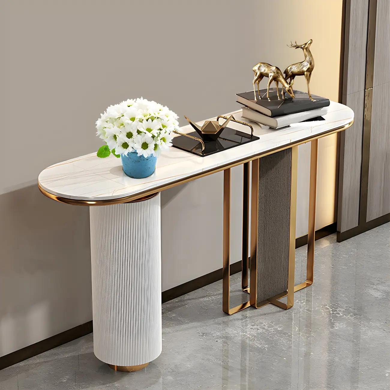 White Oval Stone Console Table with Metal Base Image - 2 | homeyfad