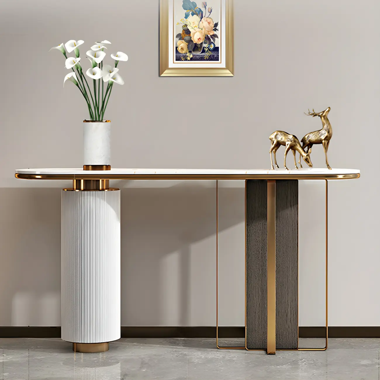 White Oval Stone Console Table with Metal Base Image - 3 | homeyfad