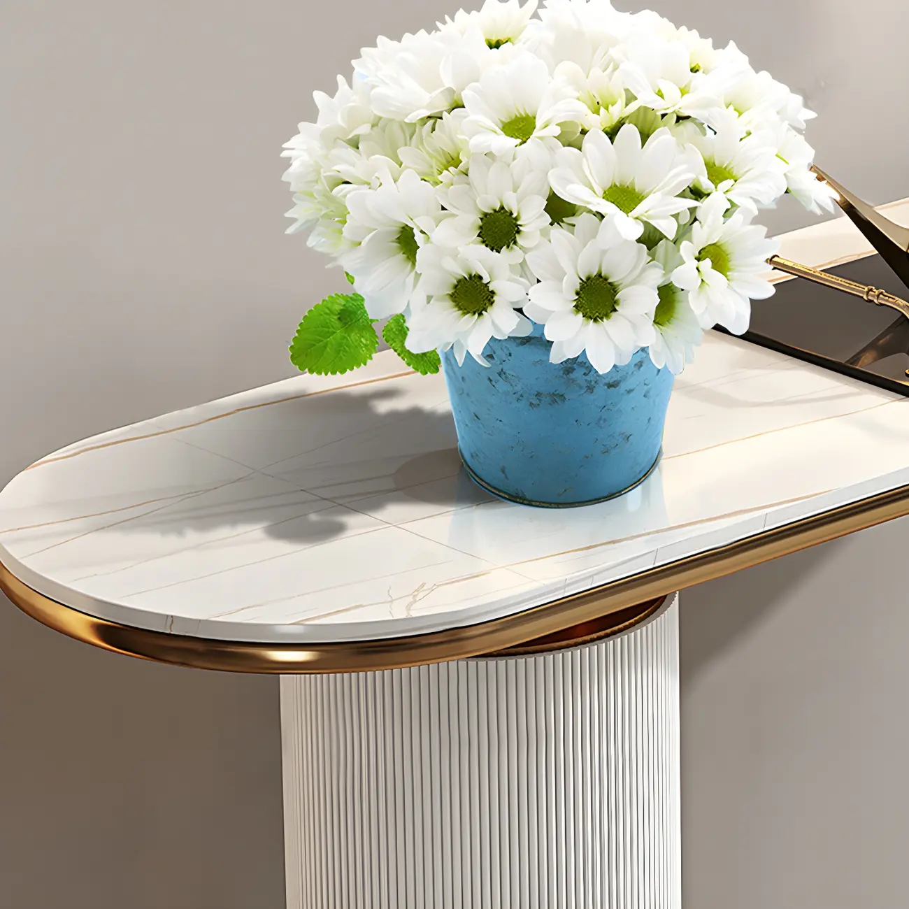 White Oval Stone Console Table with Metal Base Image - 4 | homeyfad