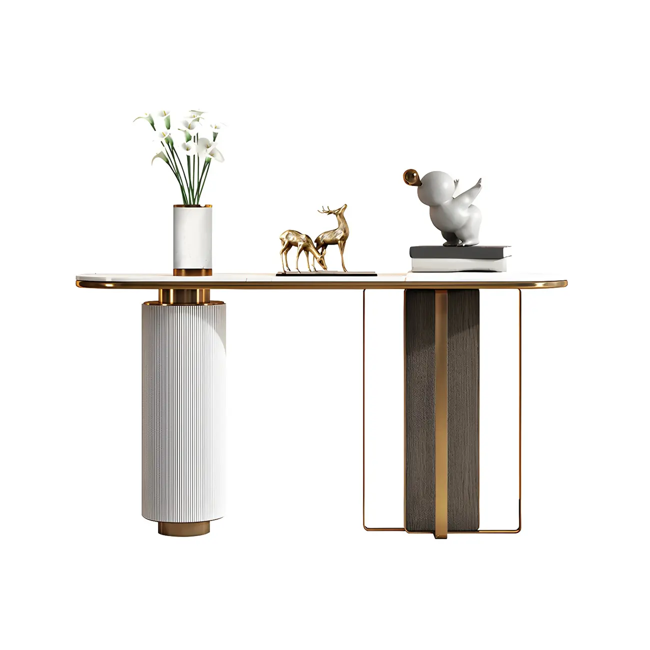 White Oval Stone Console Table with Metal Base Image - 5 | homeyfad