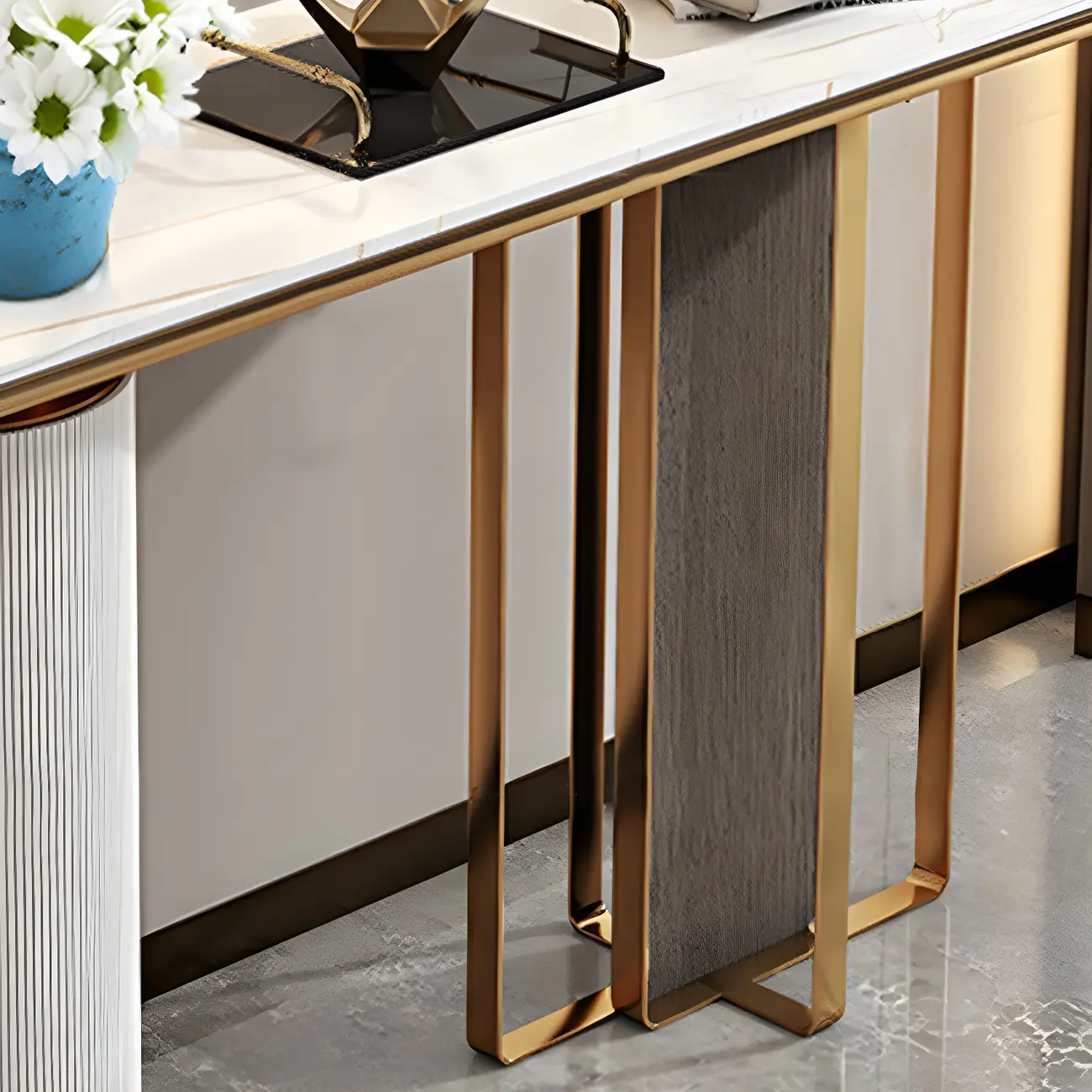 White Oval Stone Console Table with Metal Base Image - 7 | homeyfad
