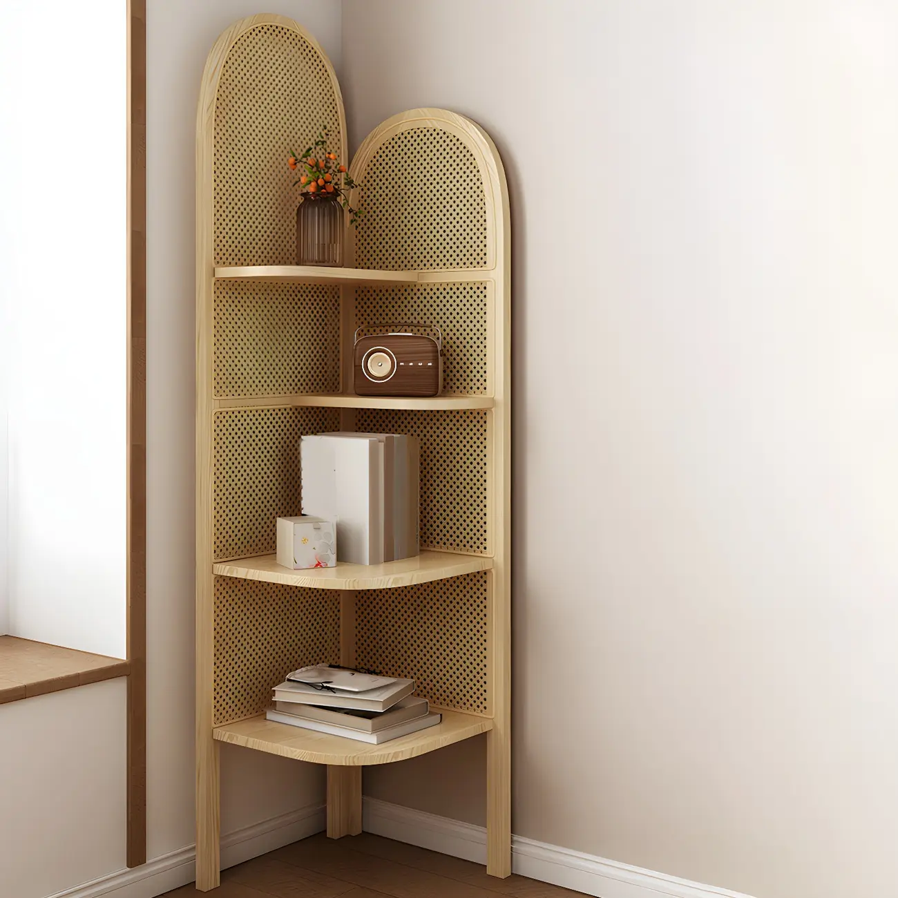 Rattan Wooden 4-tier Corner Bookcase with Closed Back Image - 2 | homeyfad