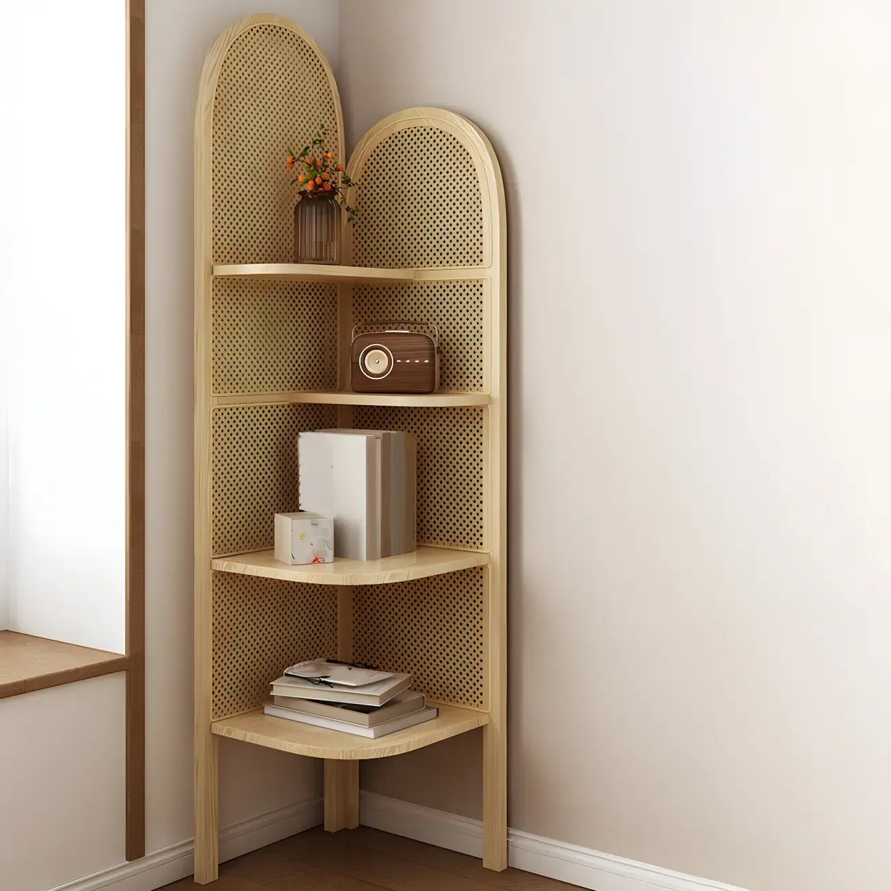 Rattan Wooden 4-tier Corner Bookcase with Closed Back Image - 2
