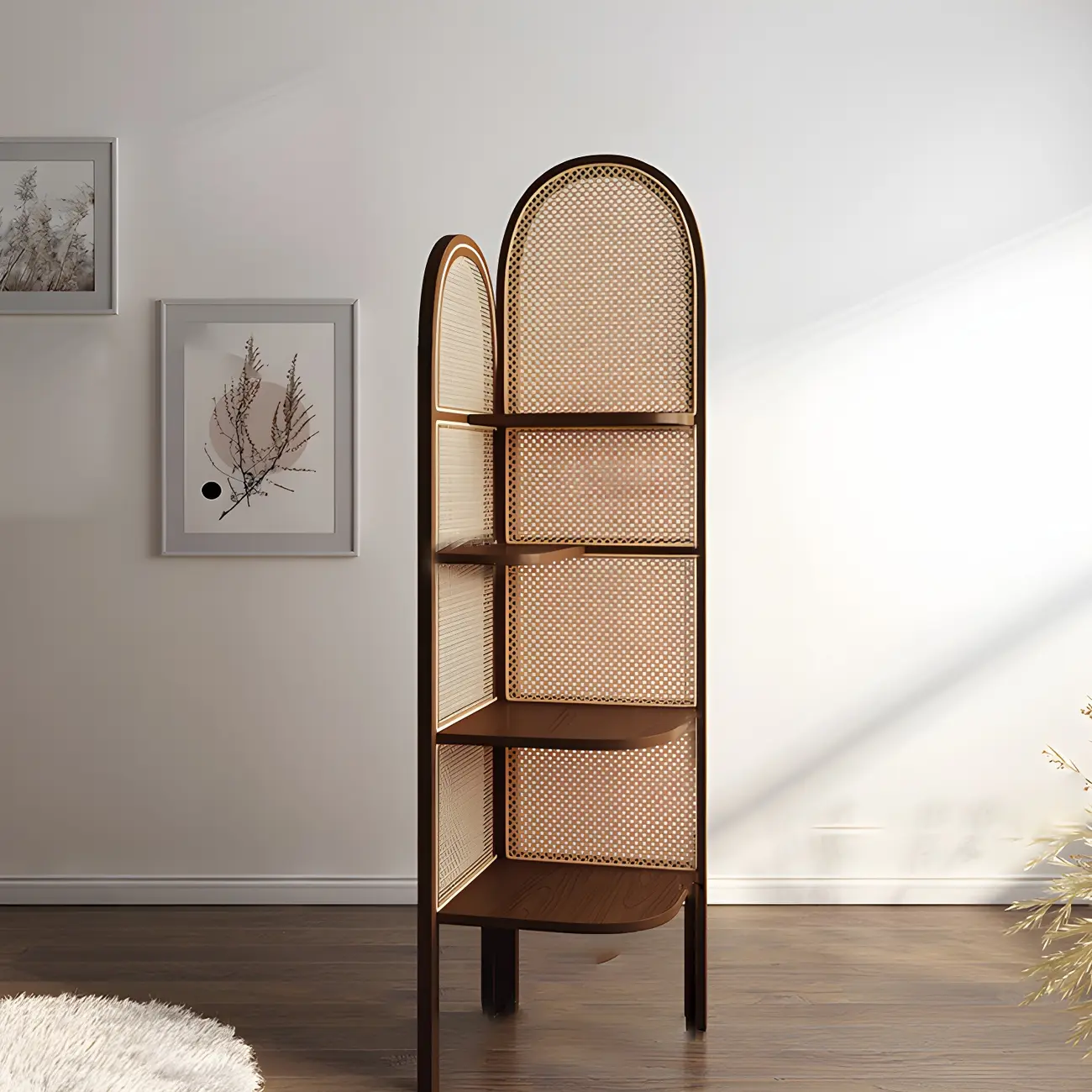 Rattan Wooden 4-tier Corner Bookcase with Closed Back Image - 4 | homeyfad
