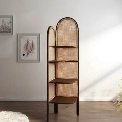 Rattan Wooden 4-tier Corner Bookcase with Closed Back Image - 4