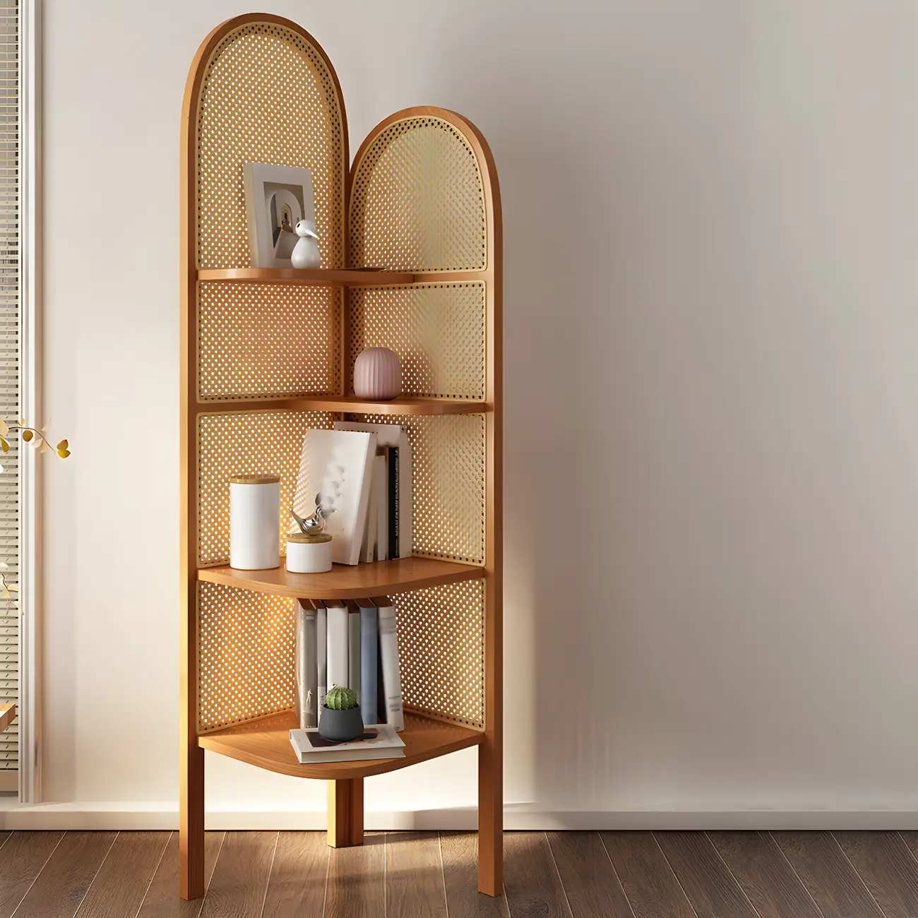 Rattan Wooden 4-tier Corner Bookcase with Closed Back Image - 5 | homeyfad