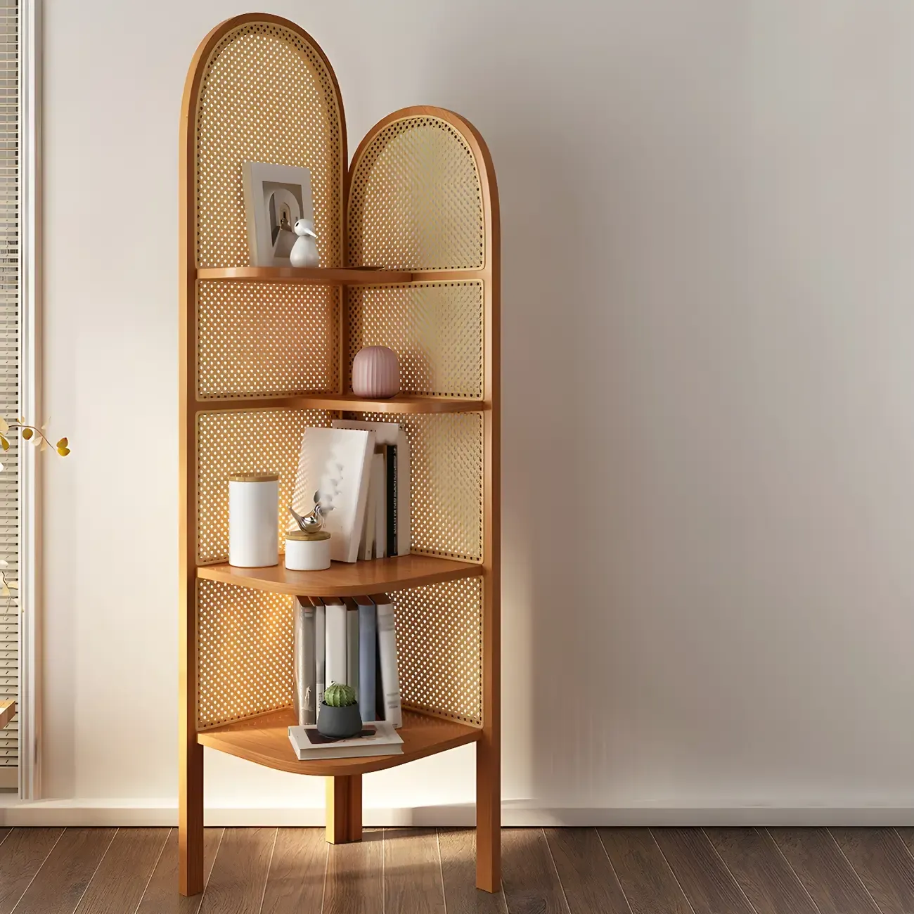 Rattan Wooden 4-tier Corner Bookcase with Closed Back Image - 5