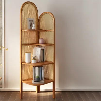 Rattan Wooden 4-tier Corner Bookcase with Closed Back Image - 5