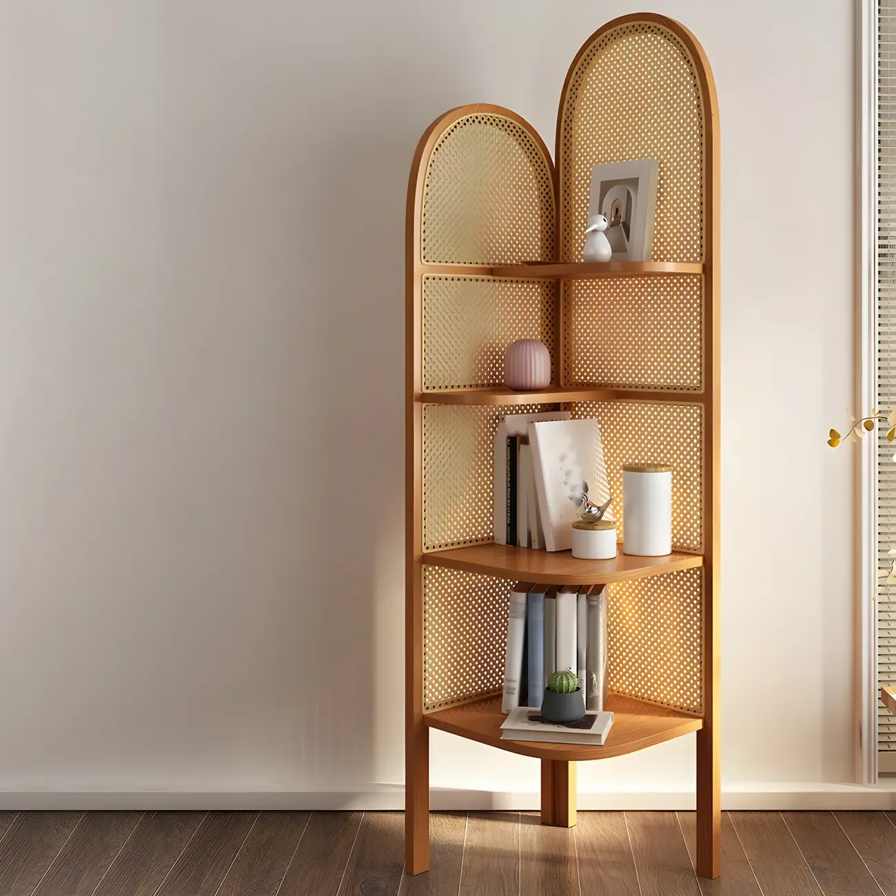 Rattan Wooden 4-tier Corner Bookcase with Closed Back Image - 6