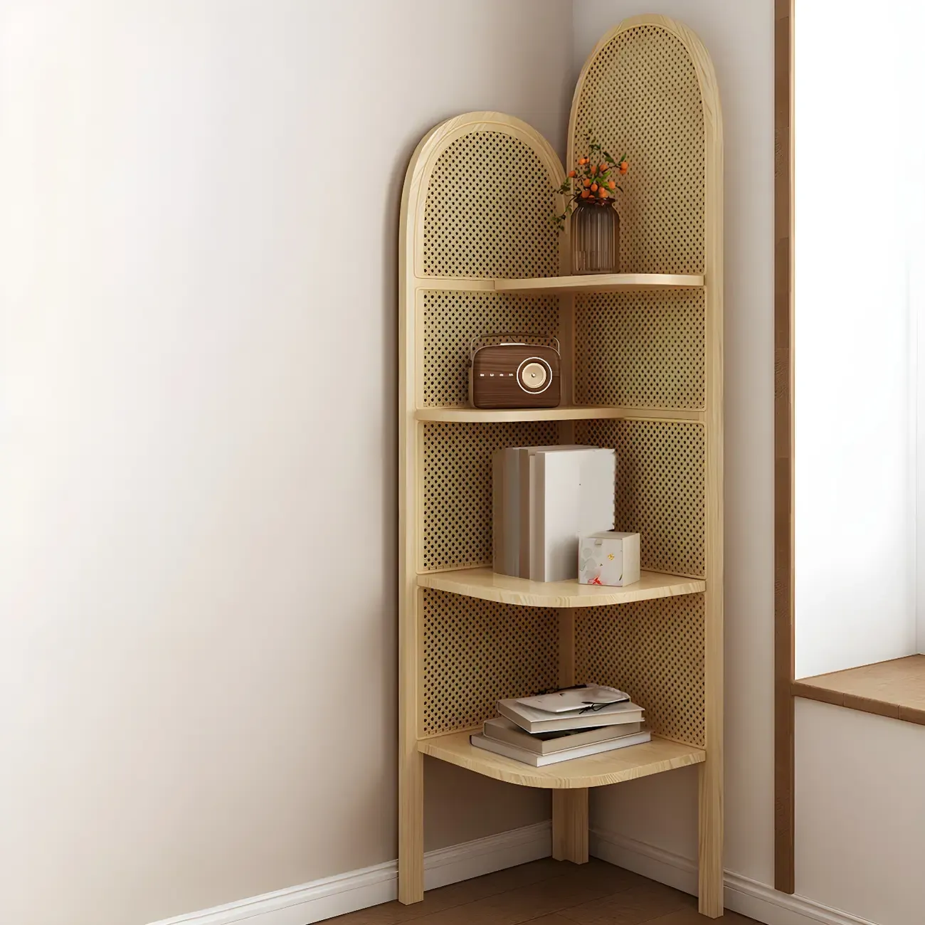 Rattan Wooden 4-tier Corner Bookcase with Closed Back Image - 7