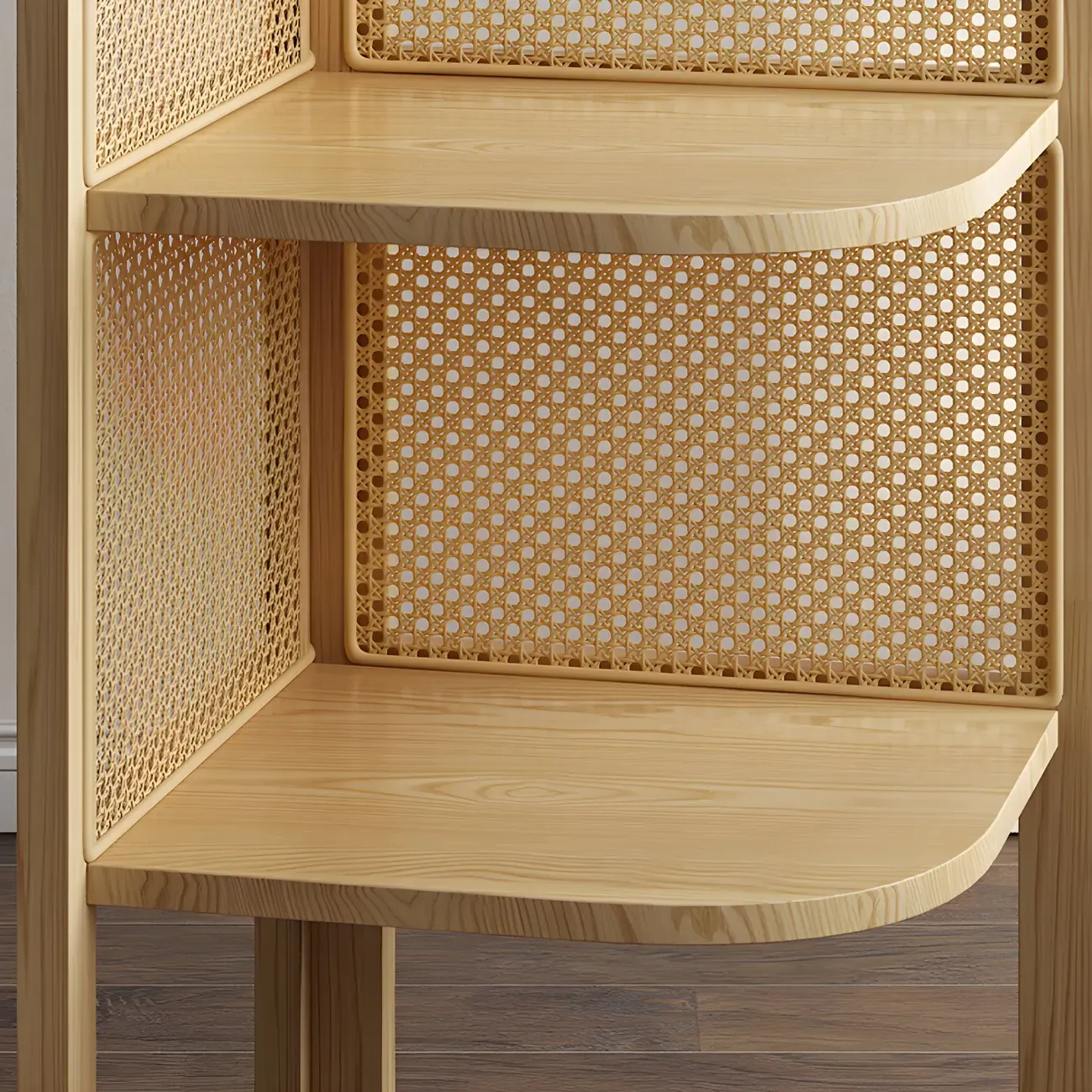 Rattan Wooden 4-tier Corner Bookcase with Closed Back Image - 10